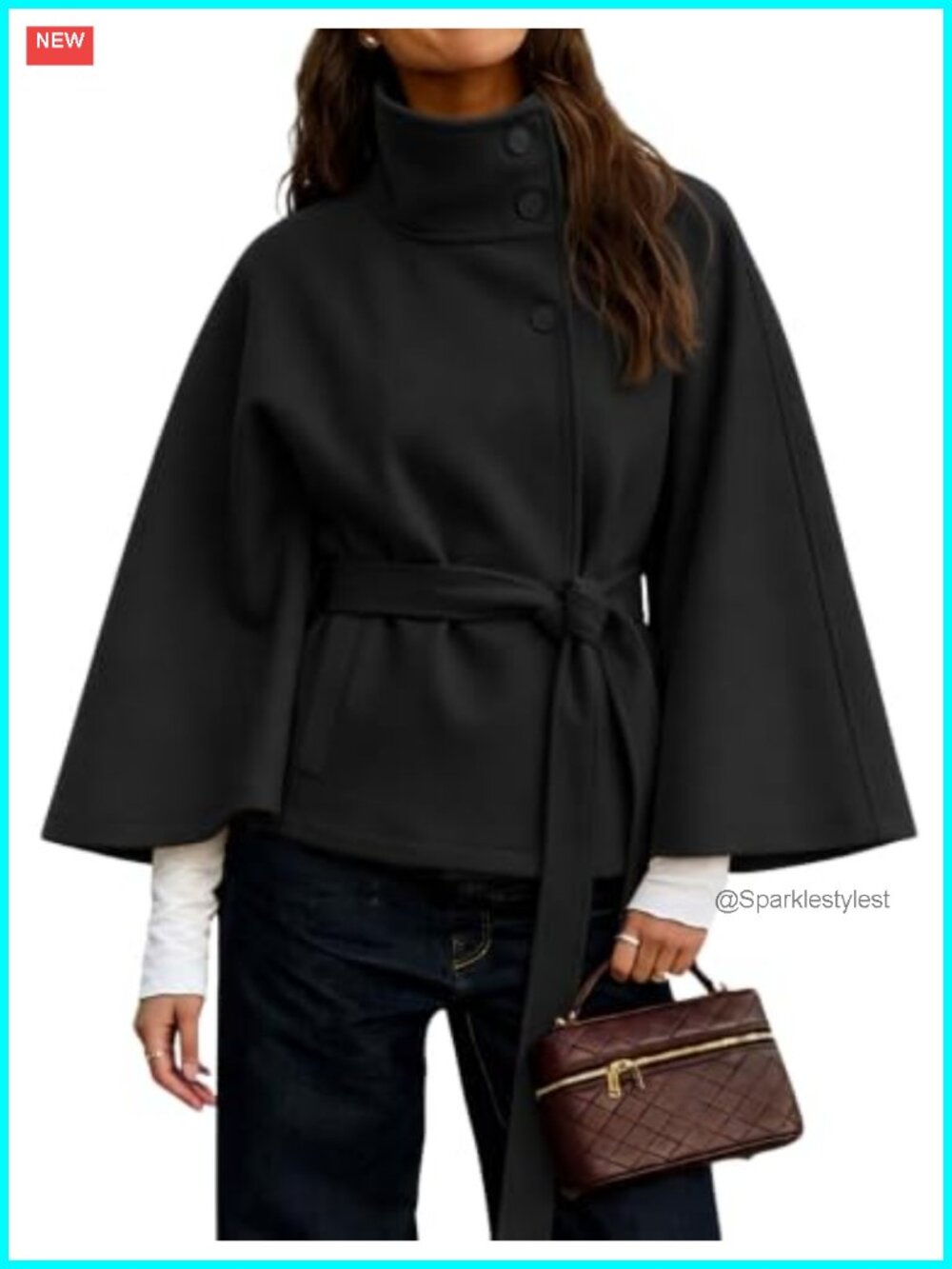 Wool Blend Batwing Sleeve Poncho Pea Coat Stand Collar Cropped Overcoat